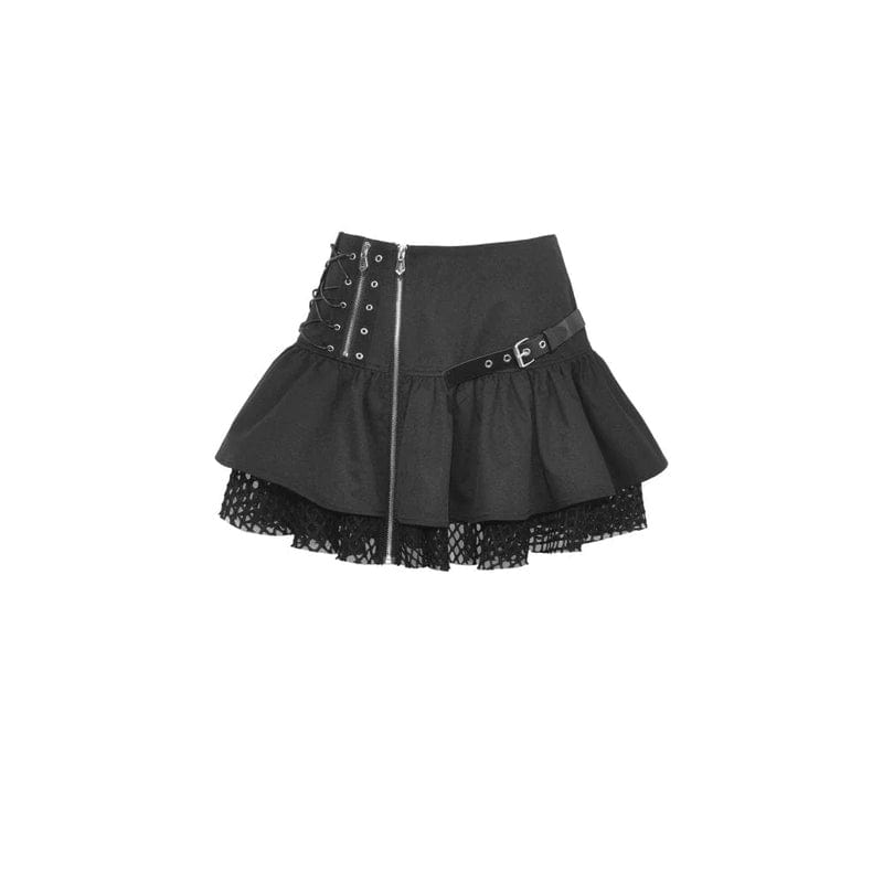 Drezden Goth Women's Punk Mesh Splice Buckle Zipper Skirt