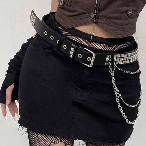 Women's Punk Rivets Faux Leather Belt with Metal Chain