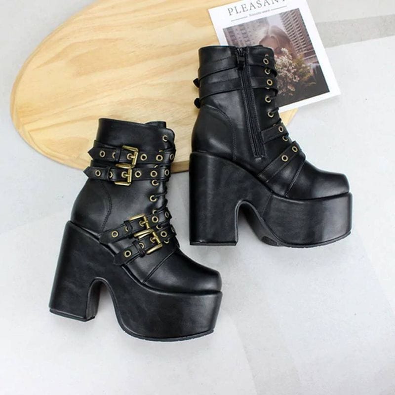Drezden Goth Women's Gothic Punk Buckles Lace-up Chunky Heel Boots
