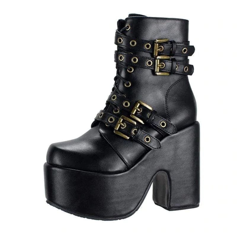 Drezden Goth Women's Gothic Punk Buckles Lace-up Chunky Heel Boots