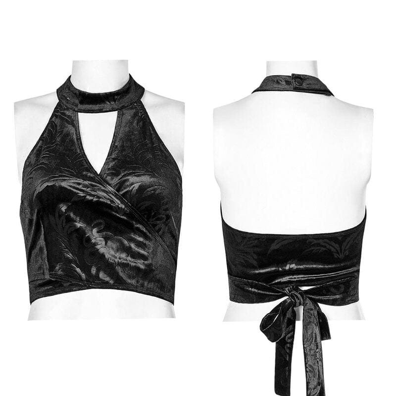 Drezden Goth Women's Gothic Strappy Halterneck Embossed Velvet Bustier