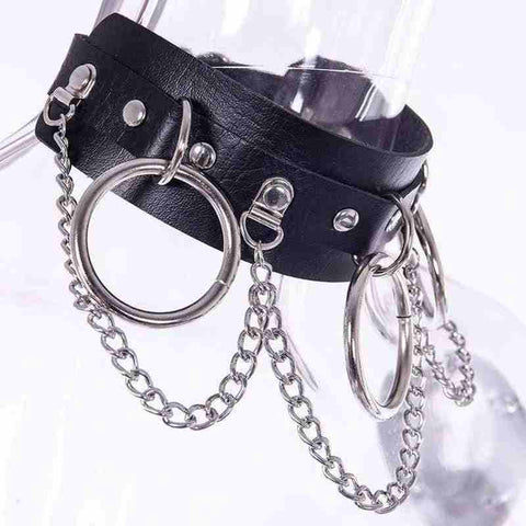 Drezden Goth Women's Punk Metal Chains Faux Leather Wide Choker With Three Rings