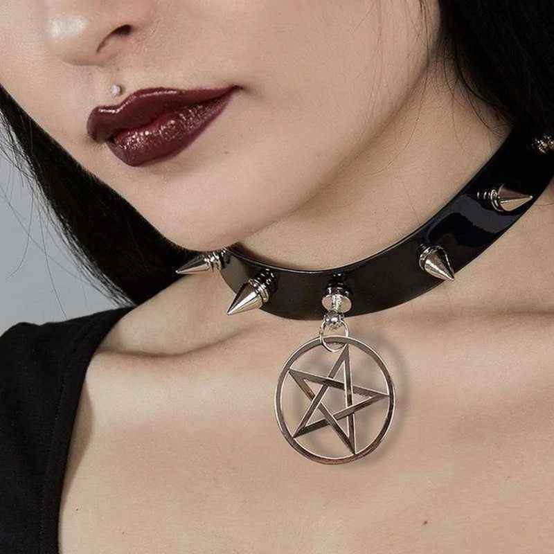 Men Women Spikes Rivet Pendant Chain Punk Gothic Leather Necklace