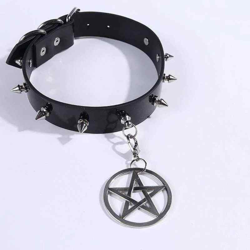 Drezden Goth Women's Rivets Pentacle Pendant PU Chokers