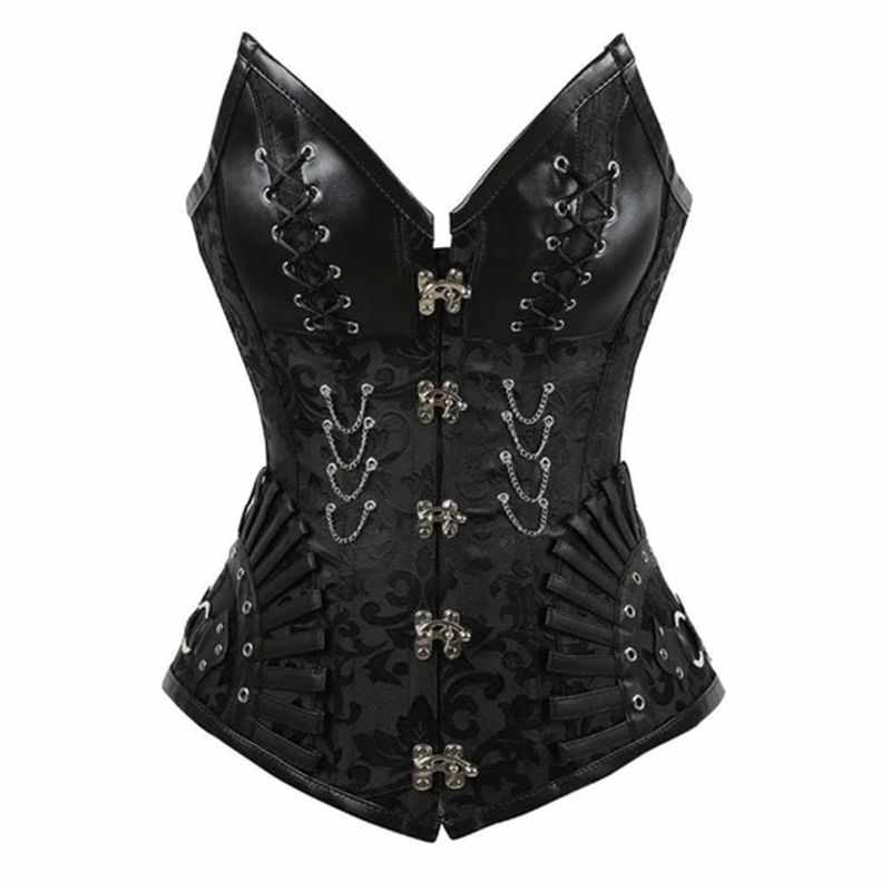 Camisole Leather Punk Corset Gothic Black Front Lace-Up Tummy Fitting Corset  - The Little Connection