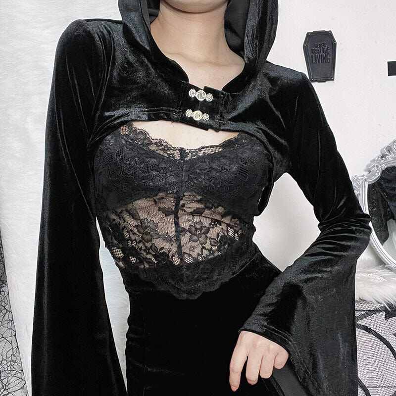 Drezden Goth Women's Gothic Flare Sleeved Velvet Crop Top with Lace Bustier