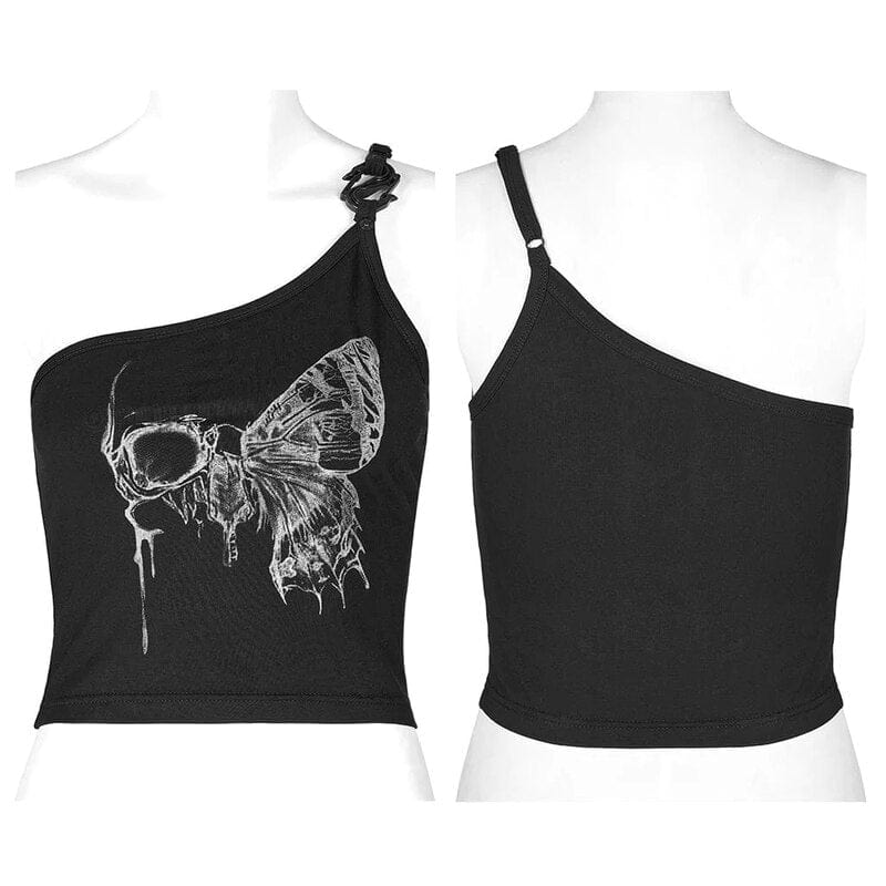 Drezden Goth Women's Grunge Skull Printed Slash Shoulder Crop Top