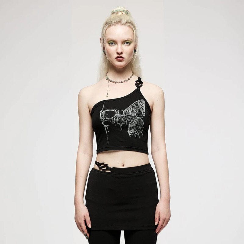 Drezden Goth Women's Grunge Skull Printed Slash Shoulder Crop Top