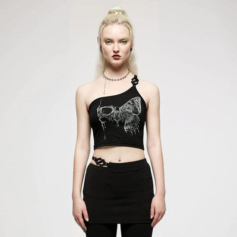 Women's Grunge Skull Printed Slash Shoulder Crop Top