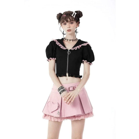 Women's Lolita Front Zip Short Sleeved Crop Top with Cat Hood