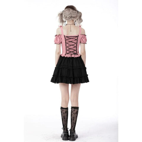 Drezden Goth Women's Lolita Off Shoulder Bowknot Short Sleeved Crop Top