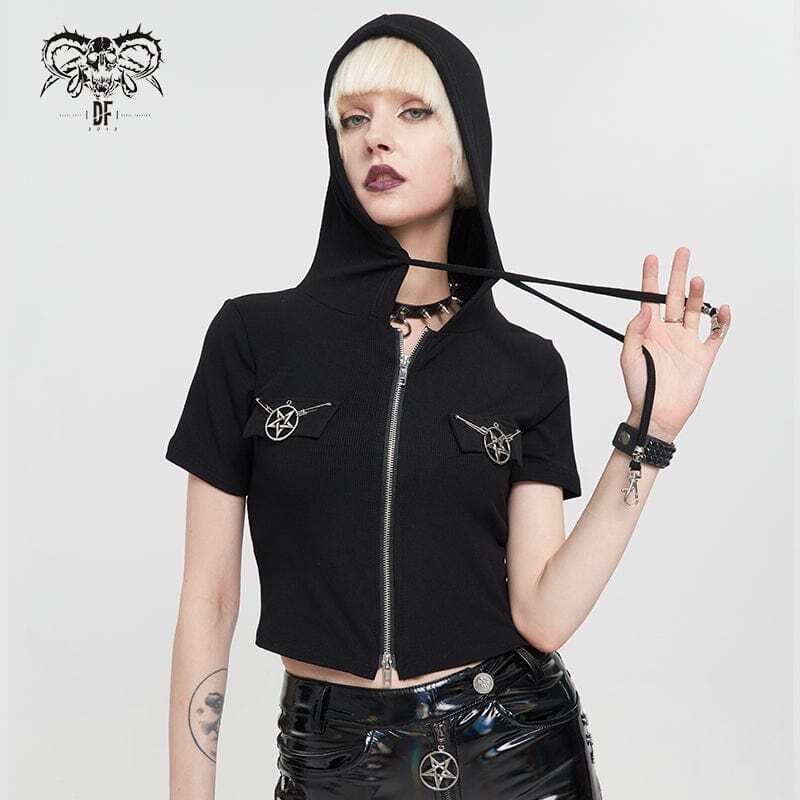Drezden Goth Women's Punk Metal Star Double Zipper Short Sleeved Crop Top