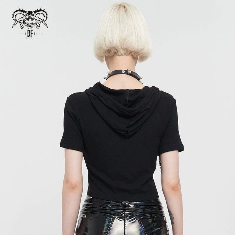 Drezden Goth Women's Punk Metal Star Double Zipper Short Sleeved Crop Top