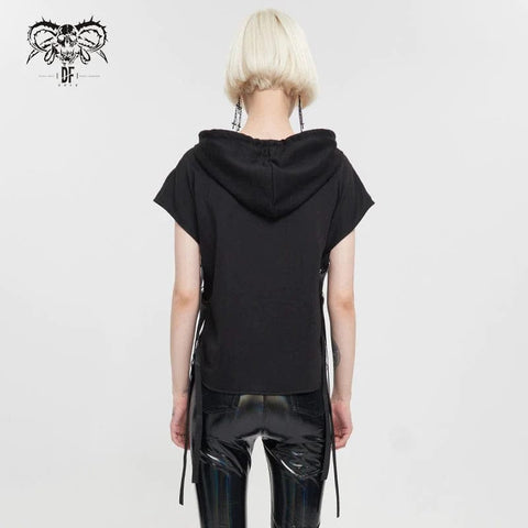 Drezden Goth Women's Punk Strap Splice Asymmetric Short Sleeved Crop Top