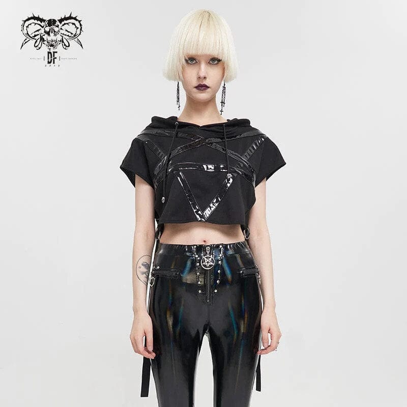 Drezden Goth Women's Punk Strap Splice Asymmetric Short Sleeved Crop Top