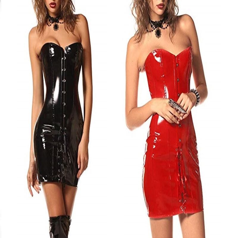 Drezden Goth Black and Red Faux Leather Dresses