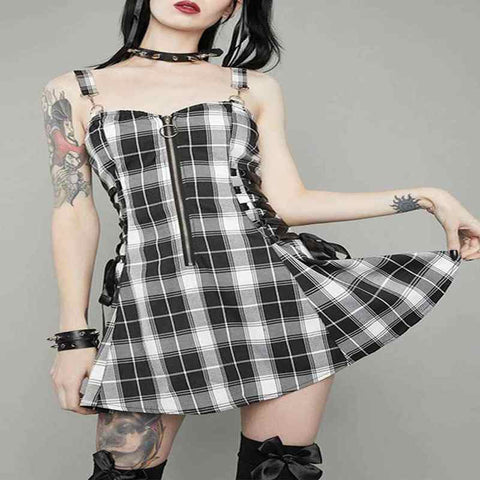 Drezden Goth Gothic Black & White Plaid Mini Dress with Ribbons
