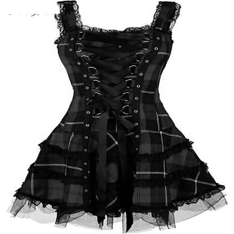 Drezden Black / S Goth Gothic Emo Plaid Dresses