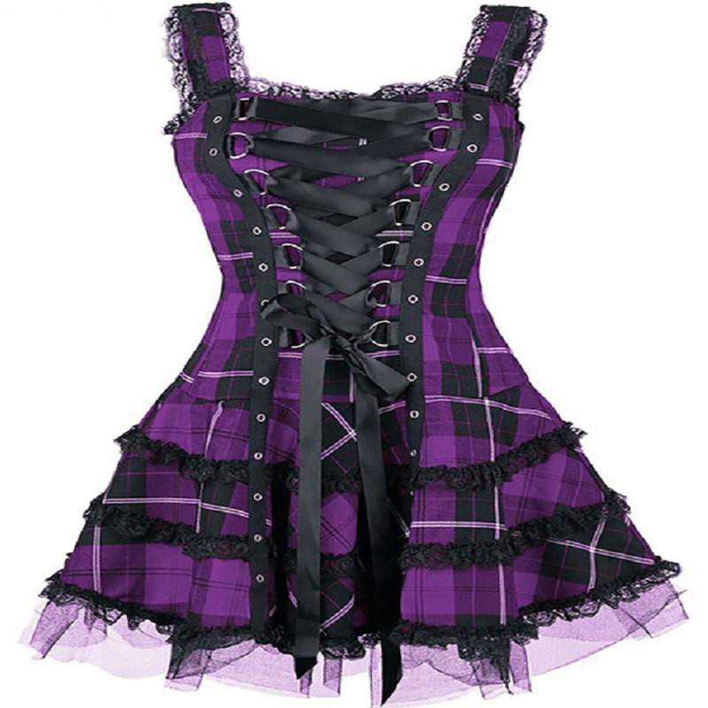 Drezden Purple / S Goth Gothic Emo Plaid Dresses