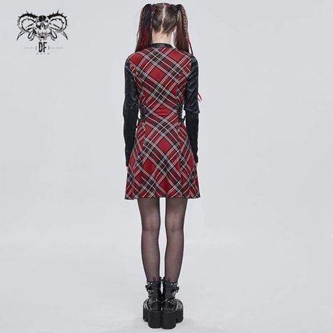 Drezden Goth Women's Gothic Strappy Cutout Splice Plaid Dress