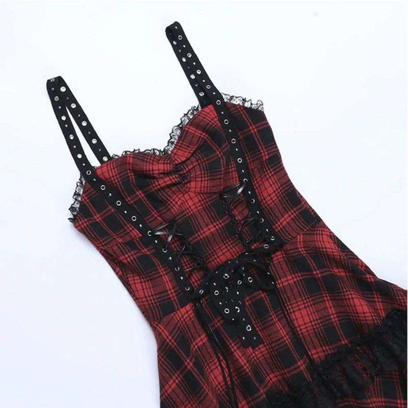 Women's Grunge Red Plaid Lace Hem Slip Dress