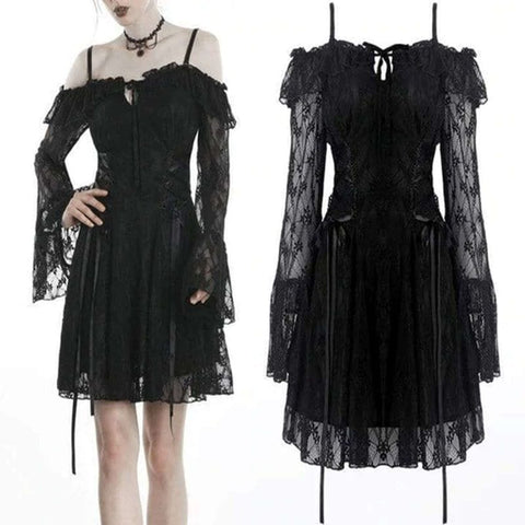 Gothic Off-shoulder Lace Overlaid Sheer Sleeved Dress