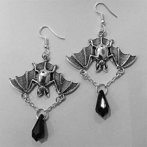 Gothic Bat Earrings with Black Gem