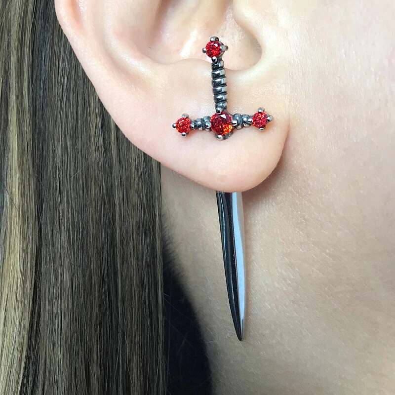 Drezden Red Silver Goth Gothic Sword Earrings