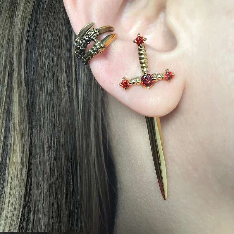 Drezden Red Gold Goth Gothic Sword Earrings