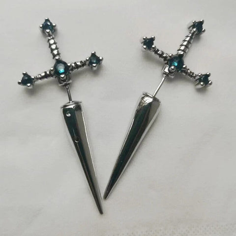 Drezden Blue Silver Goth Gothic Sword Earrings