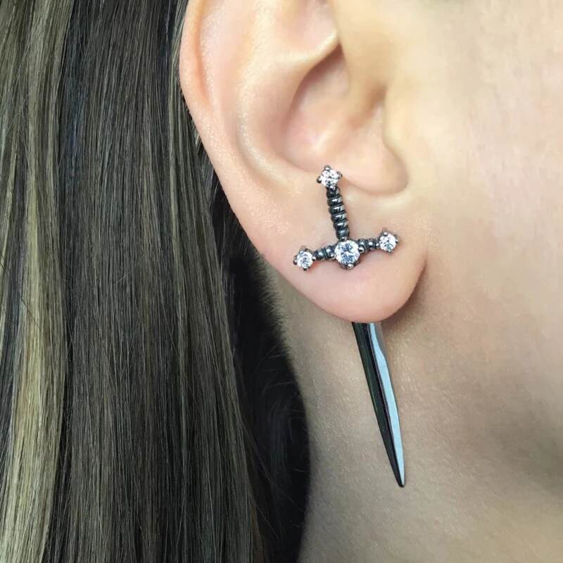 Drezden White Silver Goth Gothic Sword Earrings