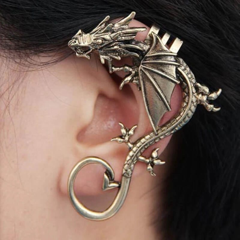 Drezden Ancient Dragon Bronze Goth Vintage Punk Rock Dragon Cuff Earrings (1pcs)