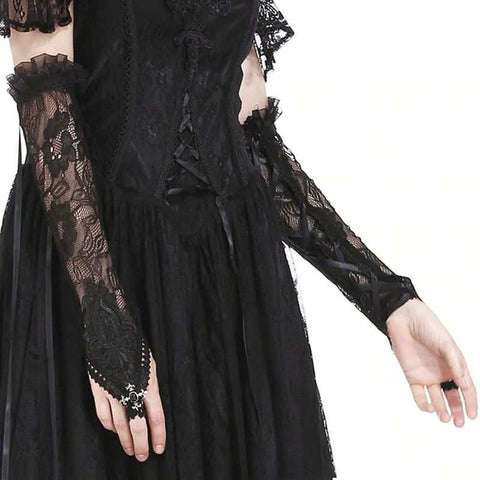 Women's Goth Velvet And Lace Black Floral Wrist Gloves