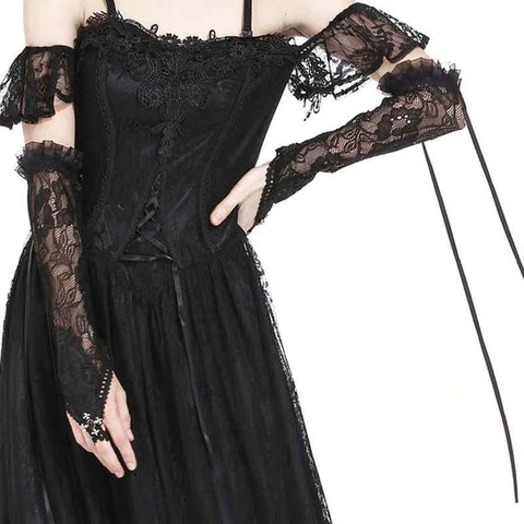 Drezden Goth Women's Goth Velvet And Lace Black Floral Wrist Gloves