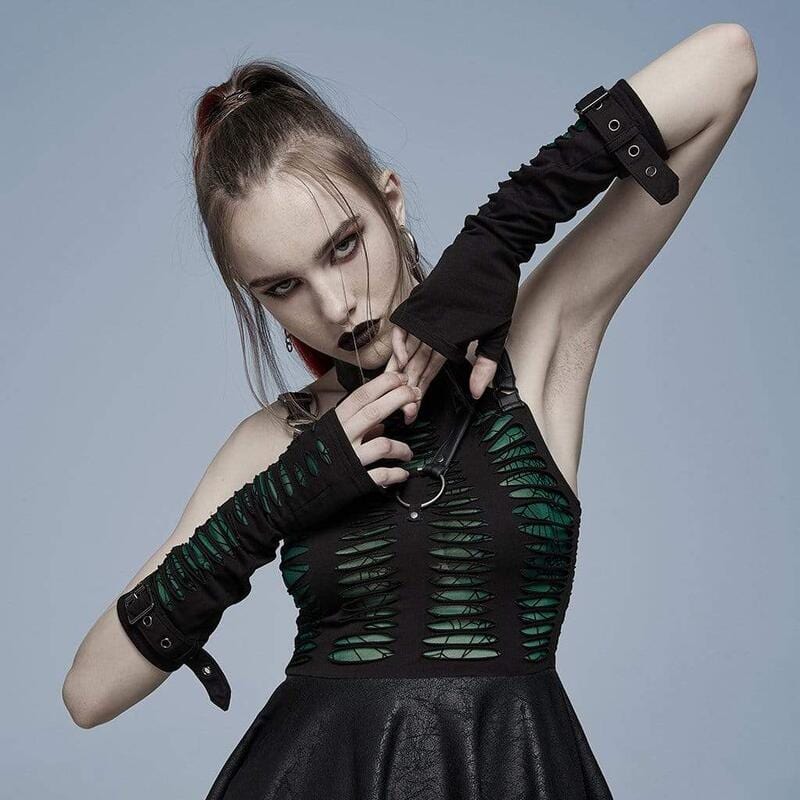 Drezden Goth Women's Gothic Ripped Buckle Long Gloves