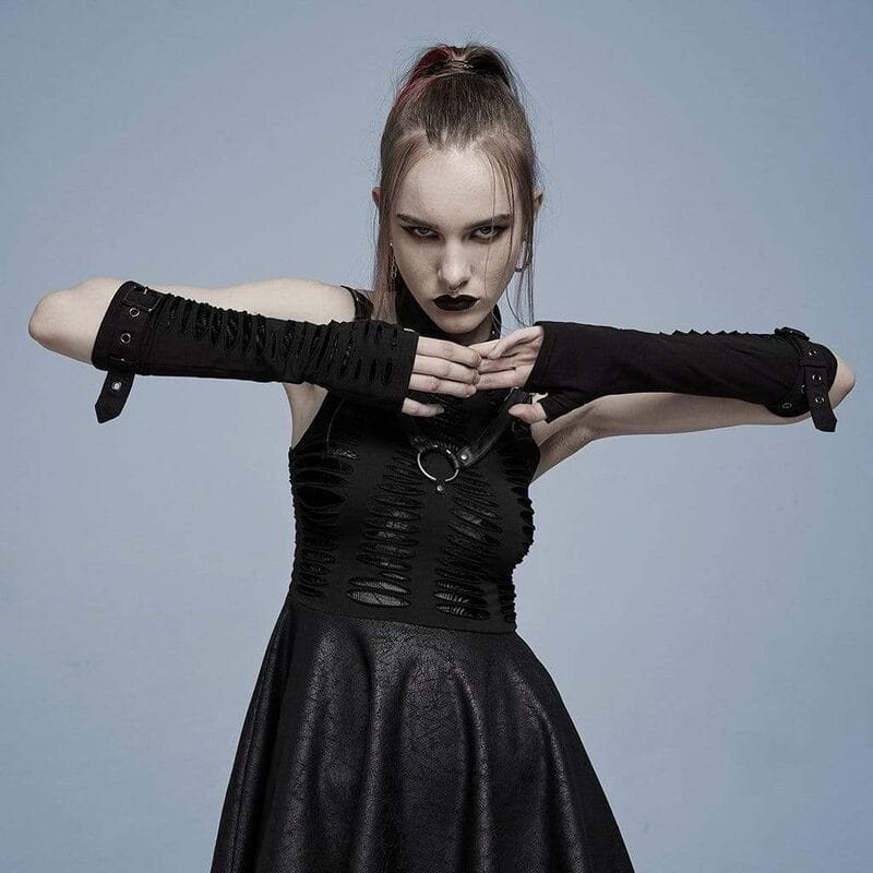 Drezden Goth Women's Gothic Ripped Buckle Long Gloves