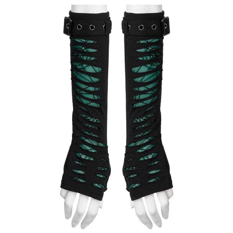 Drezden Black-Green / XS-S Goth Women's Gothic Ripped Buckle Long Gloves