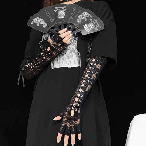 Drezden Goth Women's Punk Lace Pattern Ribbon Drawstring Gloves