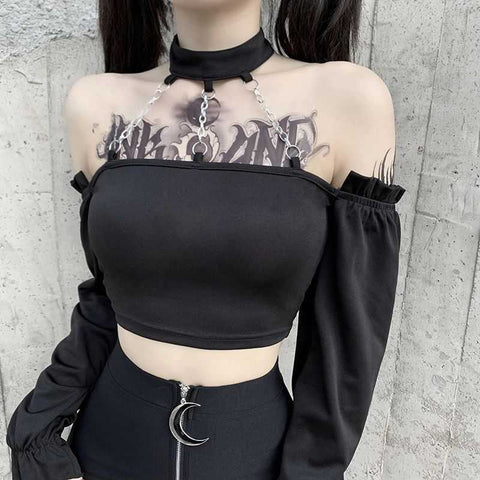 Gothic Shoulderless Tops With Chains