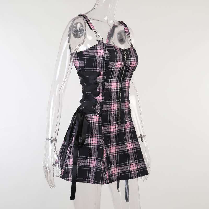 Drezden Goth Grunge Plaid Front Zip Dress