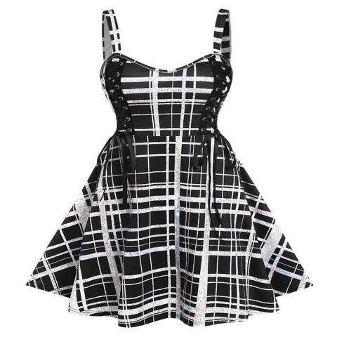 Grunge Plaid Mini Dress-Black & White