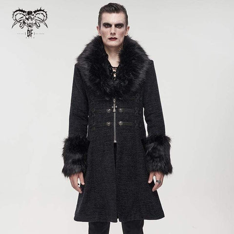 Men's Gothic Floral Zipper Coat with Detachable Faux Fur