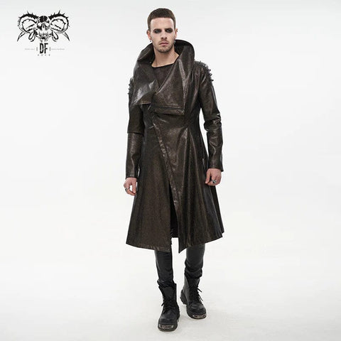 Men's Punk Stand Collar Faux Leather Long Coat Brown