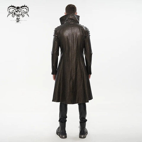 Drezden Goth Men's Punk Stand Collar Faux Leather Long Coat Brown