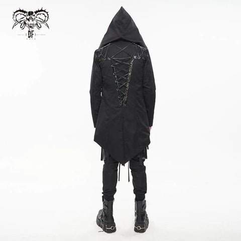 Drezden Goth Men's Punk Strappy Swallow-tailed Coat with Hood
