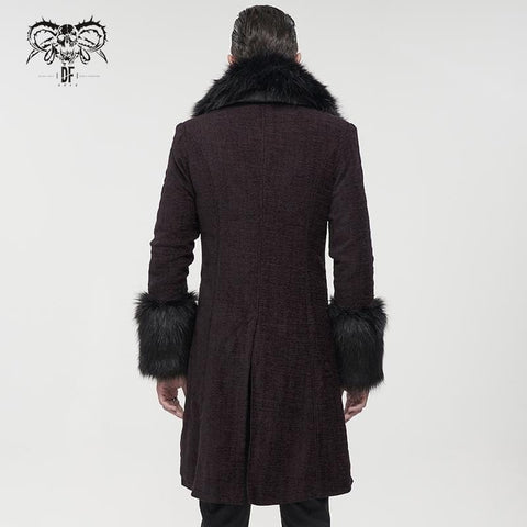 Drezden Goth Men's Gothic Floral Zipper Red Coat with Detachable Faux Fur