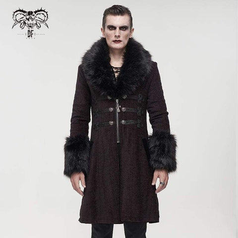 Men's Gothic Floral Zipper Red Coat with Detachable Faux Fur