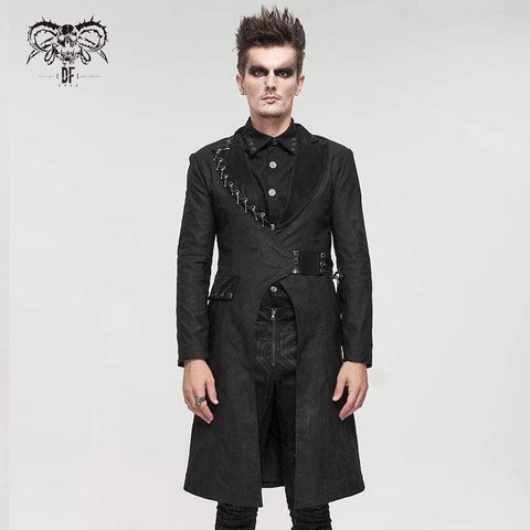 Men's Gothic Turn-down Collar Strappy Long Coat
