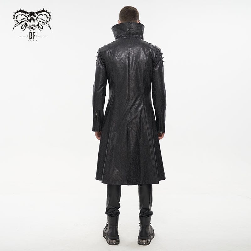 Men's Punk Stand Collar Faux Leather Long Coat