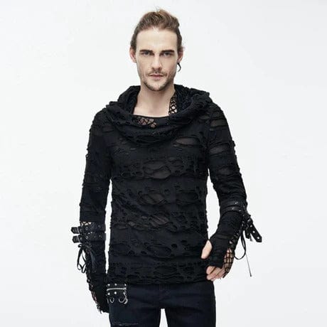 Men's Distressed Ripped Hooded Punk-Shirt With Mesh Underlayer